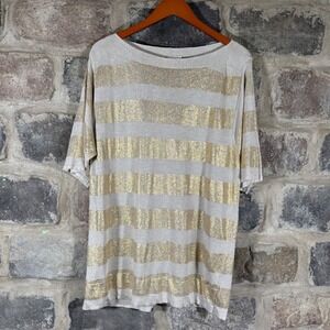 Chico's Women's Metallic Gold Striped Top Knit Tunic Sweater XL Lightweight